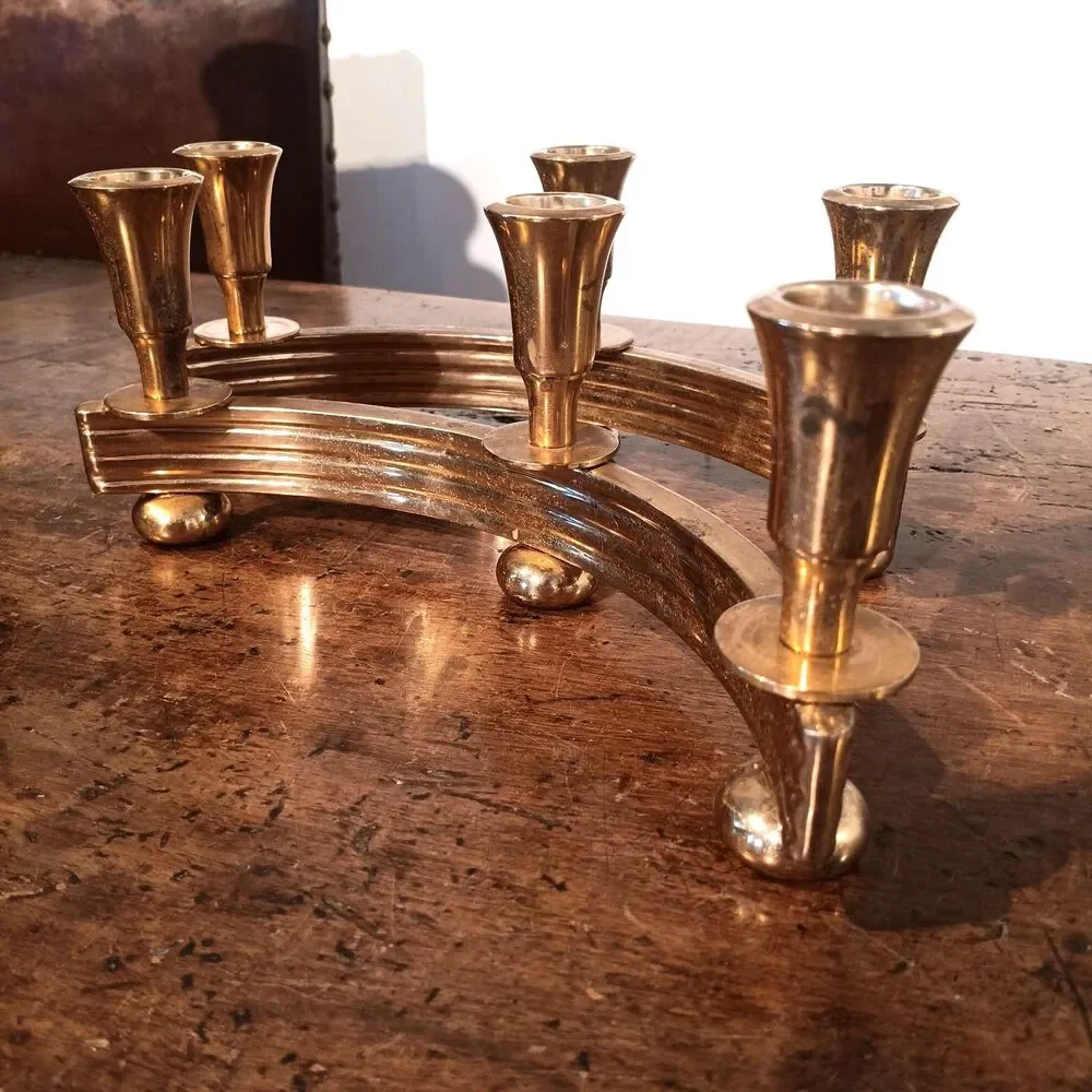Pair of Vintage Dirilyte Model 915 Curved Brass Candelabras Art Deco MCM Gold